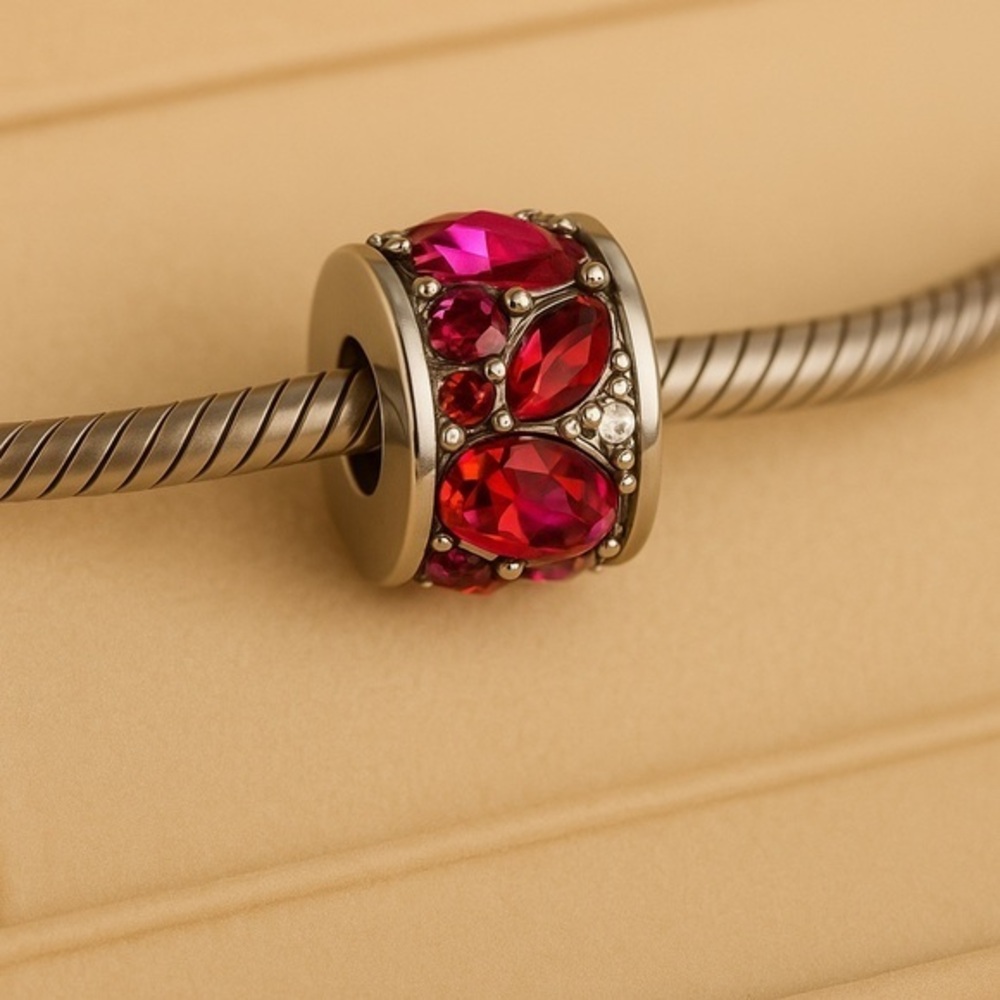 Chamilia Mosaic Bead – Unique Red/Fuchsia Stones .925 Silver Charm Bead EUC #199